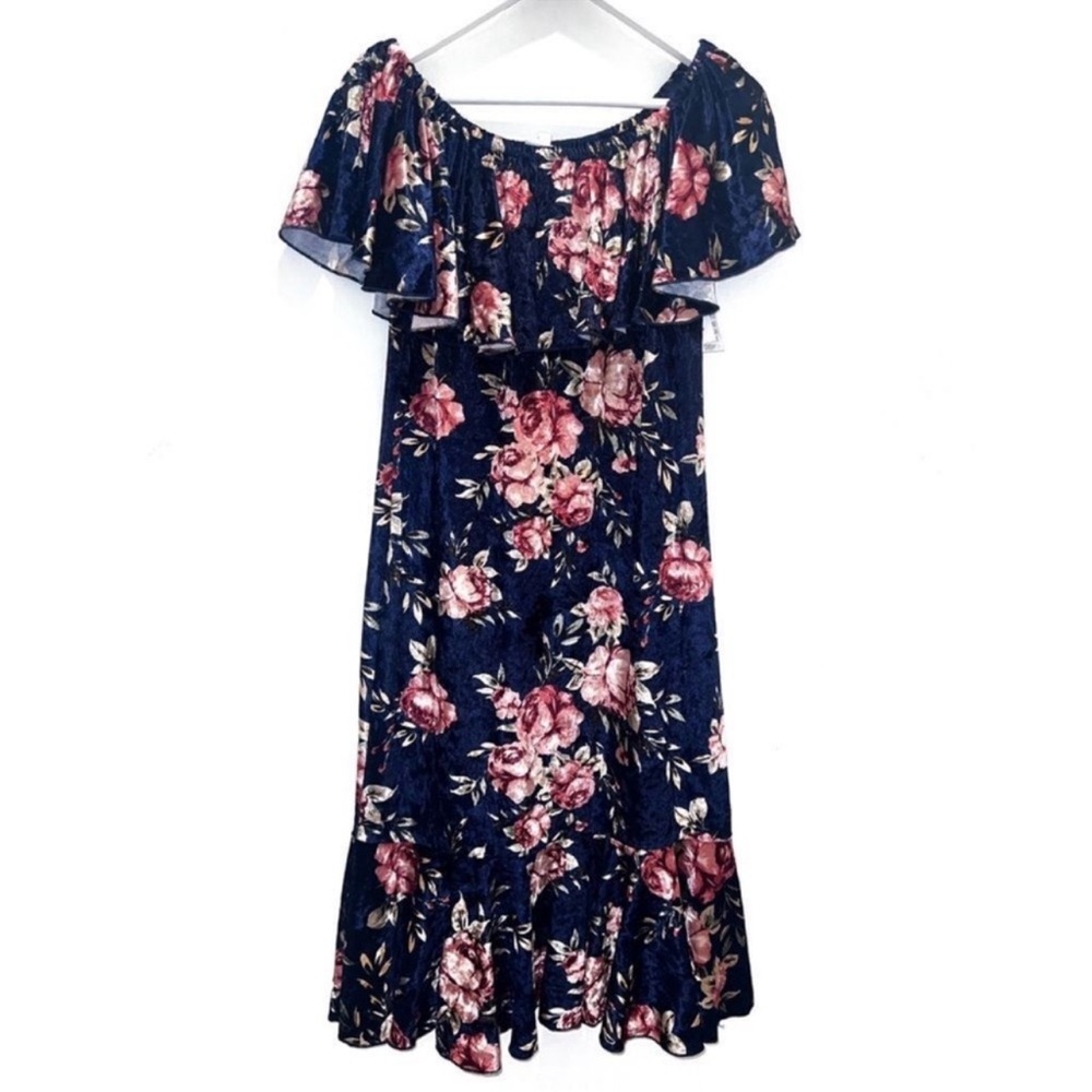 Navy Floral LuLaRoe Cici Off Shoulder Ruffled Hem Midi Dress M - Picture 6 of 16